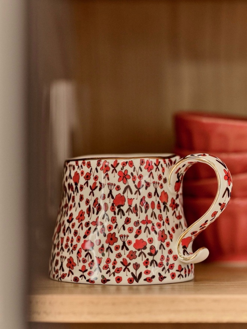 Anthropologie The Mud Fairy Blooming Hearts Stonewear 24K Gold Accent Mug New